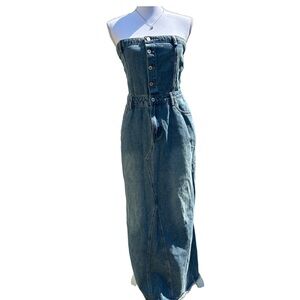Denim Strapless Tube Midi Jean Dress
